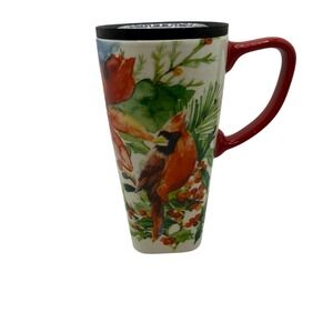Evergreen Ceramic Travel Latte Mug Cardinal Poinsettia Winter Holiday Red Handle